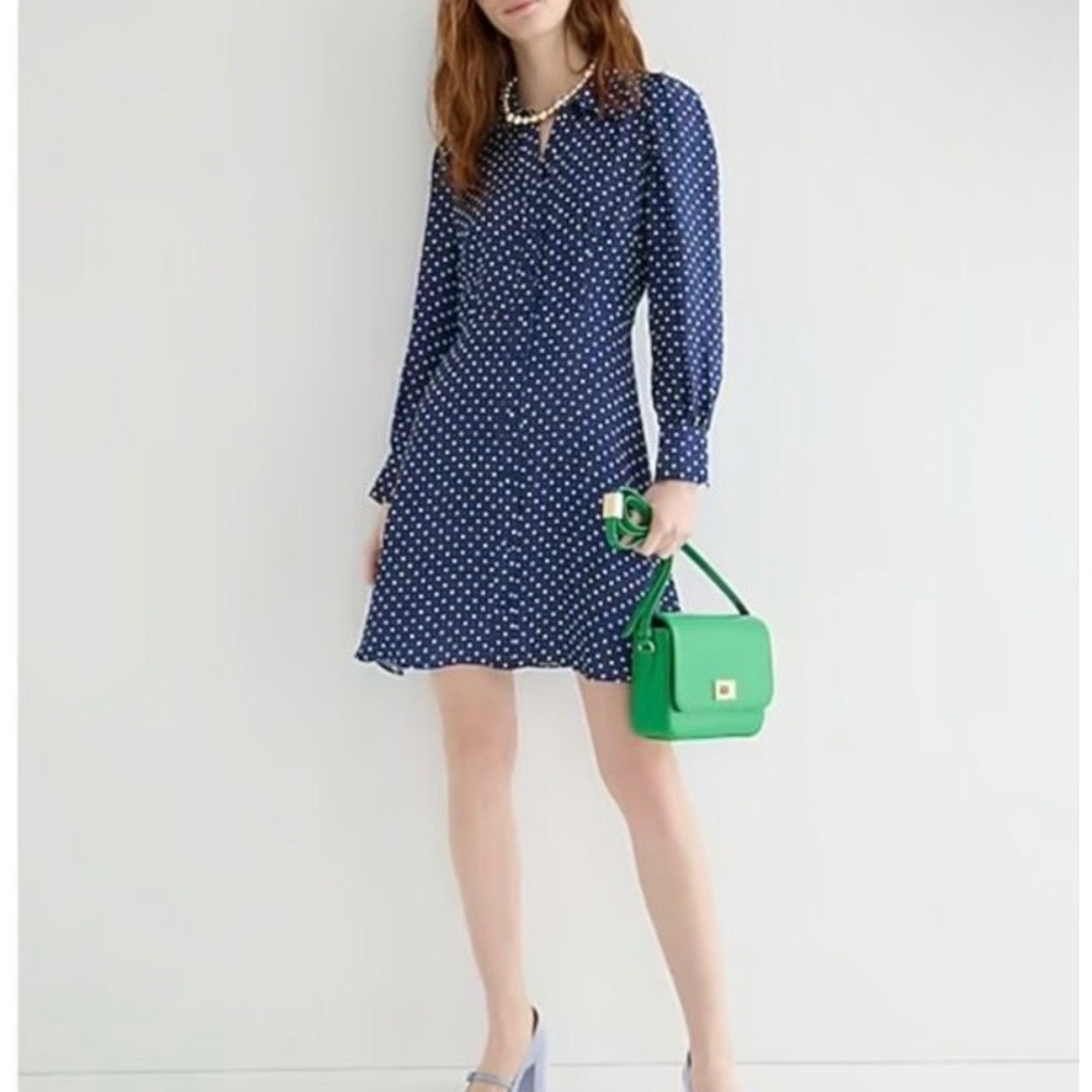 J.Crew Becklow Dot Cupro Shirt Dress Navy Polka Dot Size 0
